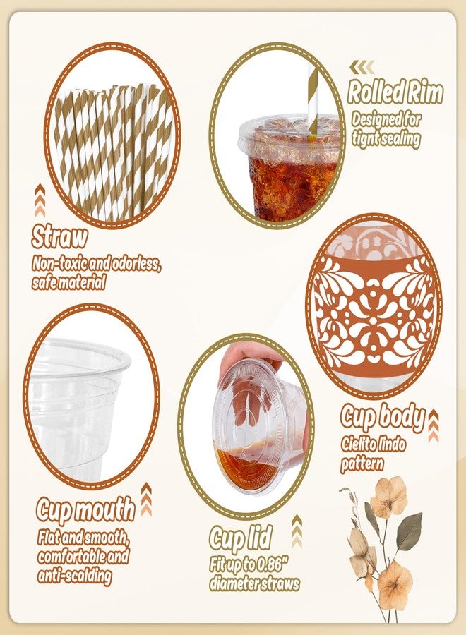 JarThenaAMCS مجموعة جارثينا إيه إم سي إس المكونة من 50 قطعة من أكواب سيليتو ليندو البلاستيكية للاستخدام مرة واحدة مع أغطية وماصات، أكواب طينية مزينة بزهرة تيراكوتا للمشروبات الباردة، مثالية لحفلات الزفاف المكسيكية على طراز تالافيرا. - Image 3